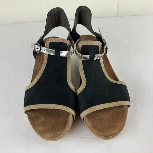 Naot Womens sz 10 Black Tan Silver Low Wedge Comfort Sandals T Strap - Picture 9 of 10